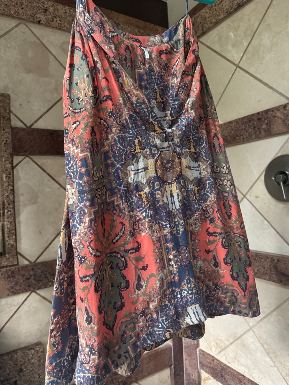 Free People Coral & Navy Paisley Circle Skater Top